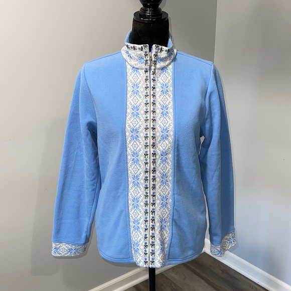 Women’s L.L. Bean Nordic Snowflake Blue Fleece full zip Sweater Size medium - Picture 1 of 16